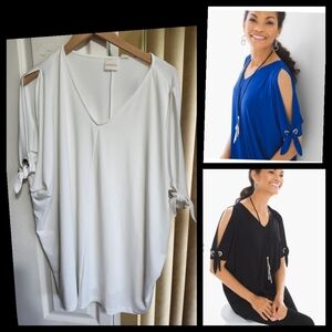 Chico's Antique White Knit Kit Tie Grommet Sleeve Top Size XL•